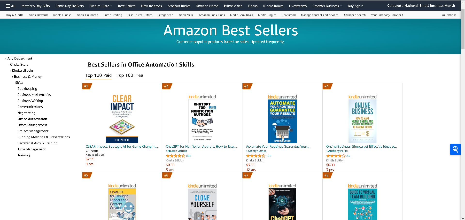 Amazon Best Sellers page showing CLEAR Impact at number one in Office Automation Skills